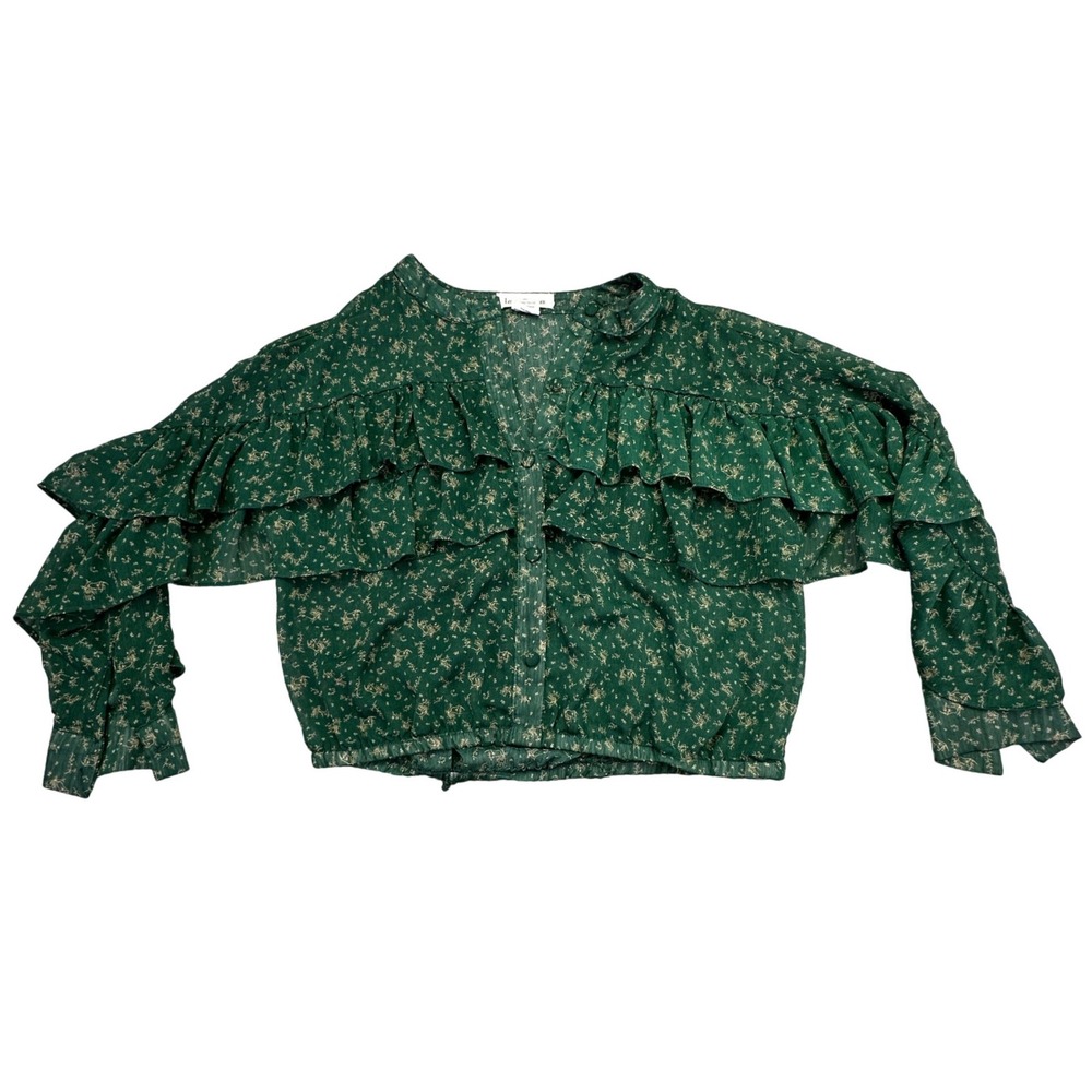 Lotus and Lavender Shirt Women's XS Romantic‎ Western Long Sleeve Green V-Nevk